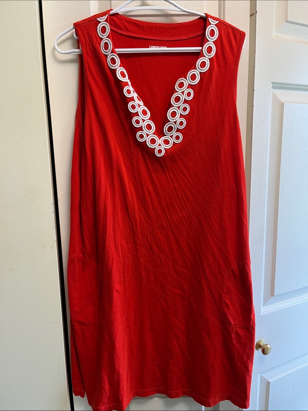 Red Sleeveless V-Neck Dress with White Trim lands end